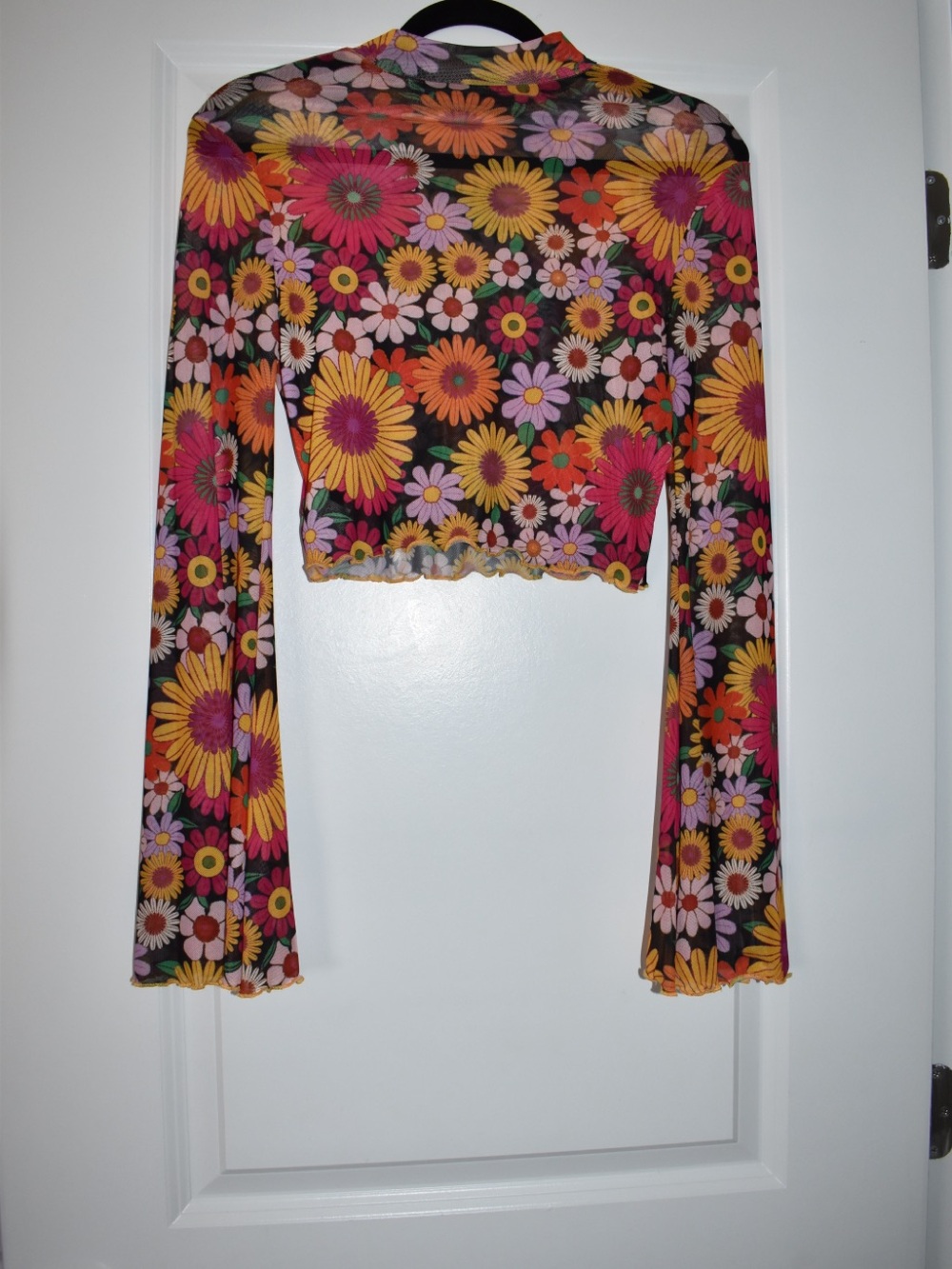 Retro Y2K Floral Mesh Mock Neck Crop Top W/ Bell Sleeves and Scalloped Edges - Picture 3 of 4